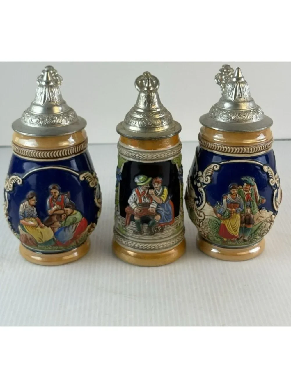 3 Vintage German Beer Steins, Gerz + 2 Unmarked, Pewter Lids, Mini Steins